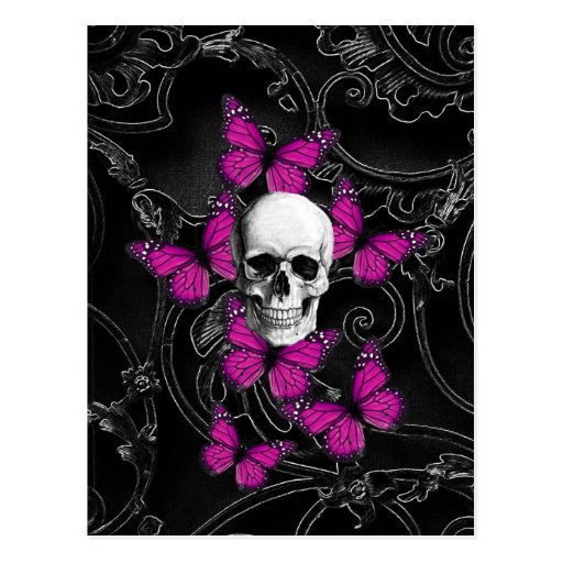 Fantasy skull and hot pink butterflies postcard | Zazzle