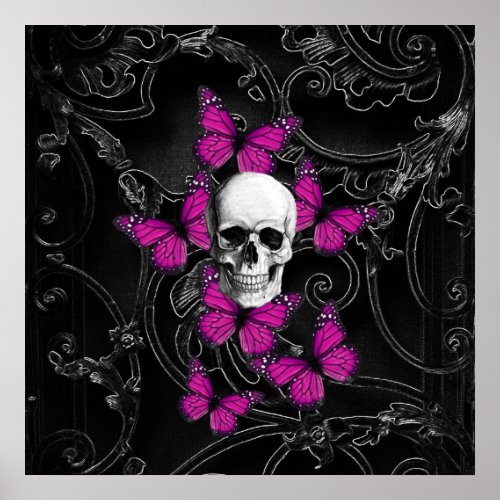 Fantasy skull and hot pink butterflies poster