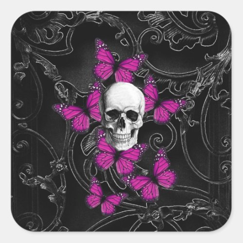 Fantasy skull and hot pink butterflies square sticker