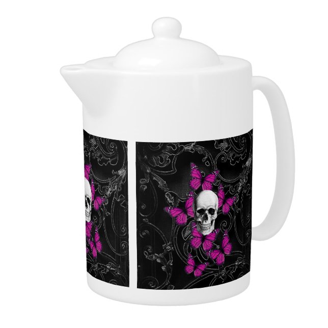 Fantasy skull and hot pink butterflies teapot (Right)