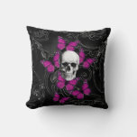 Fantasy Skull And Hot Pink Butterflies Throw Pillow at Zazzle