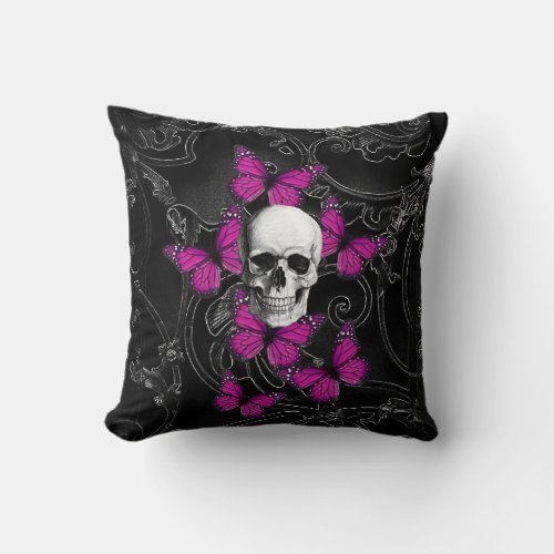 Fantasy skull and hot pink butterflies throw pillow