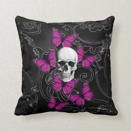 Fantasy Skull And Hot Pink Butterflies Throw Pillow