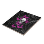 Fantasy Skull And Hot Pink Butterflies Tile at Zazzle