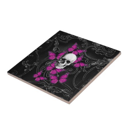 Fantasy Skull And Hot Pink Butterflies Tile
