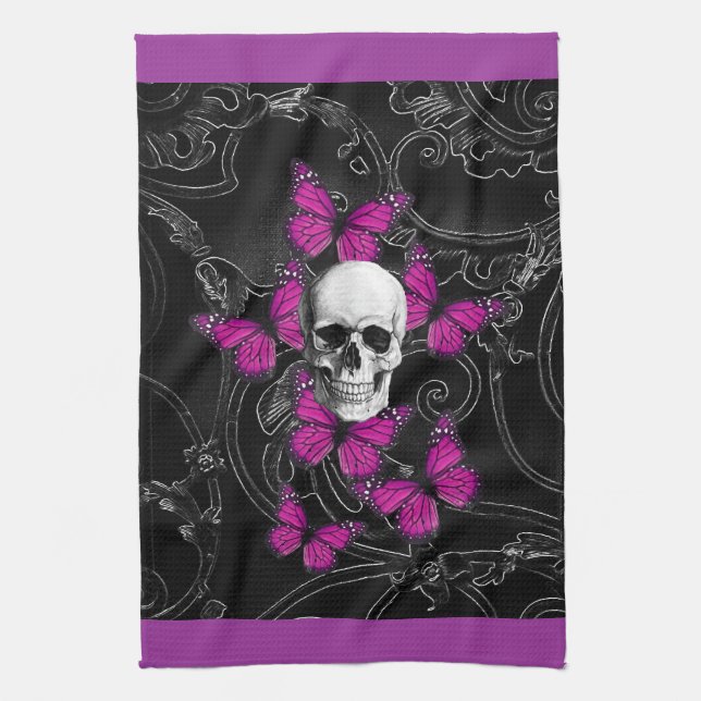 Fantasy skull and hot pink butterflies towel (Vertical)
