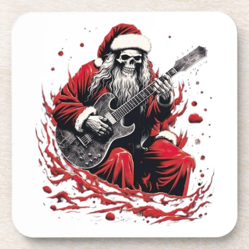 Fantasy Skull Skeleton Santa Playing a Guitar Beverage Coaster