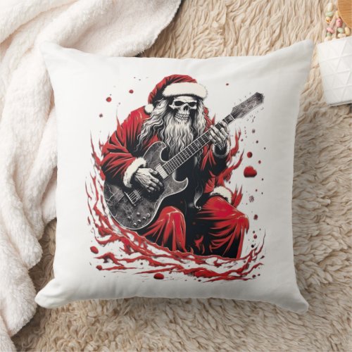 Fantasy Skull Skeleton Santa Playing a Guitar Throw Pillow