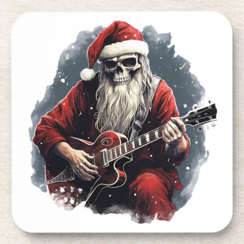 Fantasy Skull Skeleton Santa Playing Guitar Night  Beverage Coaster