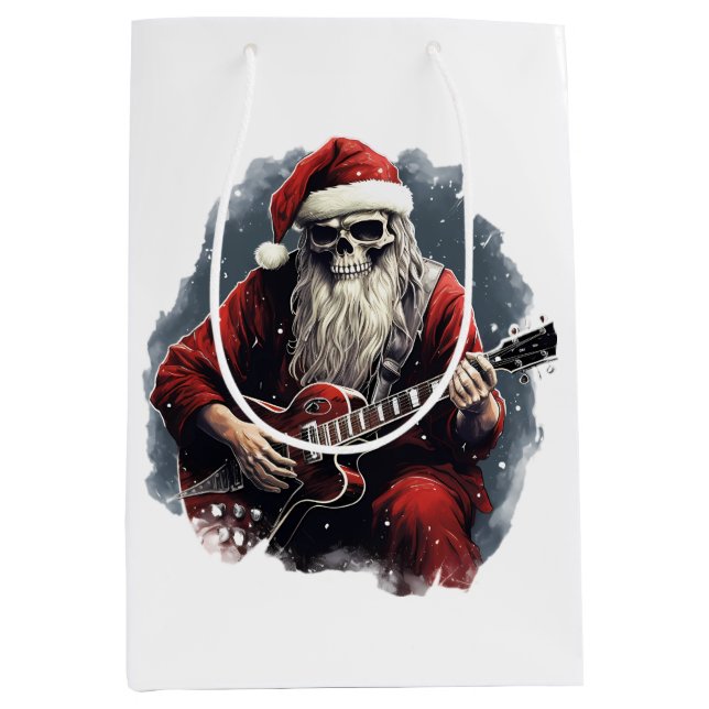 Fantasy Skull Skeleton Santa Playing Guitar Night  Medium Gift Bag (Front)