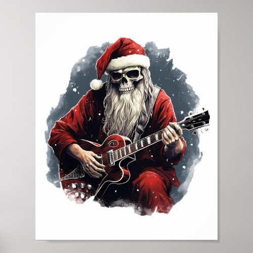 Fantasy Skull Skeleton Santa Playing Guitar Night Poster