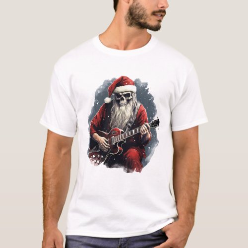 Fantasy Skull Skeleton Santa Playing Guitar Night T_Shirt