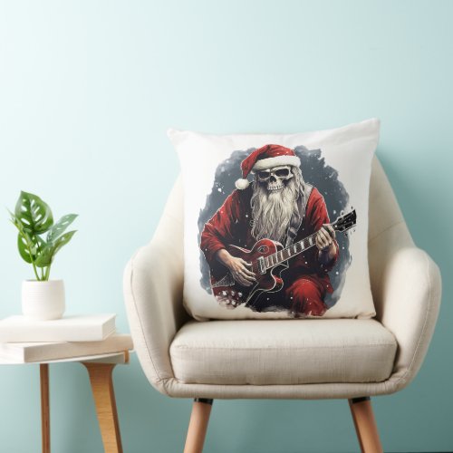 Fantasy Skull Skeleton Santa Playing Guitar Night Throw Pillow