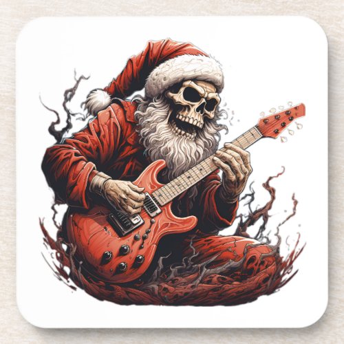 Fantasy Skull Skeleton Santa Playing Guitar Woods Beverage Coaster