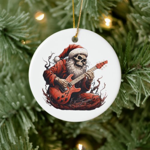 Fantasy Skull Skeleton Santa Playing Guitar Woods Ceramic Ornament