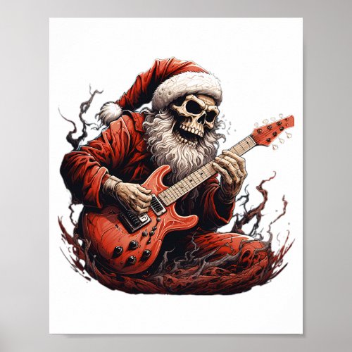 Fantasy Skull Skeleton Santa Playing Guitar Woods Poster