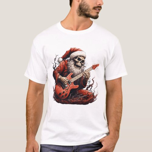 Fantasy Skull Skeleton Santa Playing Guitar Woods T_Shirt