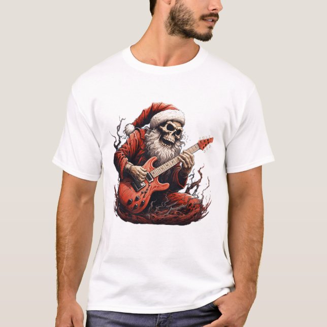 Fantasy Skull Skeleton Santa Playing Guitar Woods T-Shirt (Front)