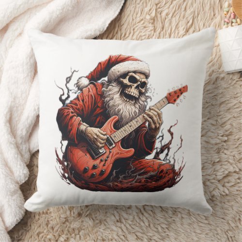 Fantasy Skull Skeleton Santa Playing Guitar Woods Throw Pillow