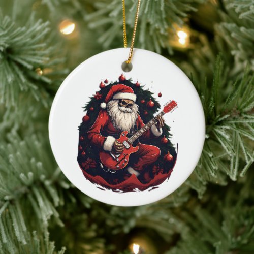 Fantasy Skull Skeleton Santa Playing the Guitar Ceramic Ornament