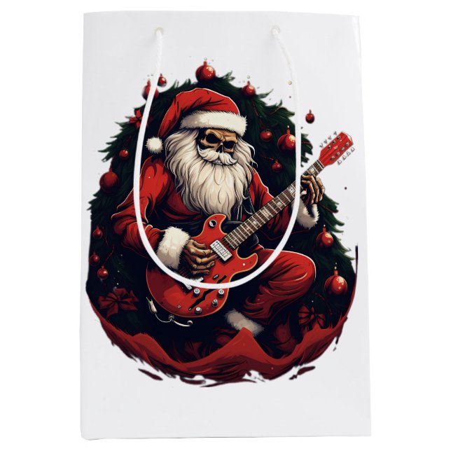 Fantasy Skull Skeleton Santa Playing the Guitar Medium Gift Bag (Front)