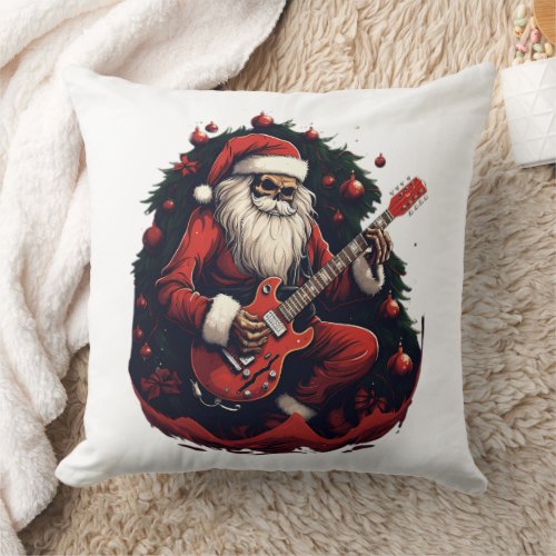 Fantasy Skull Skeleton Santa Playing the Guitar Throw Pillow