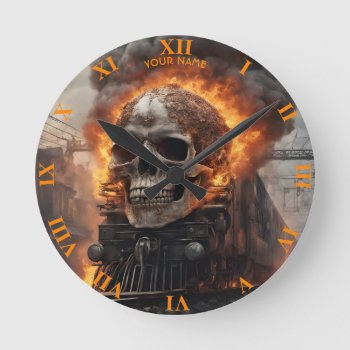 Fantasy Skull Train Flames Wreck Round Clock by HumusInPita at Zazzle