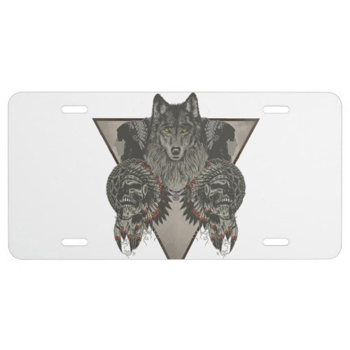 Fantasy Skull Wolf and Indian License Plate