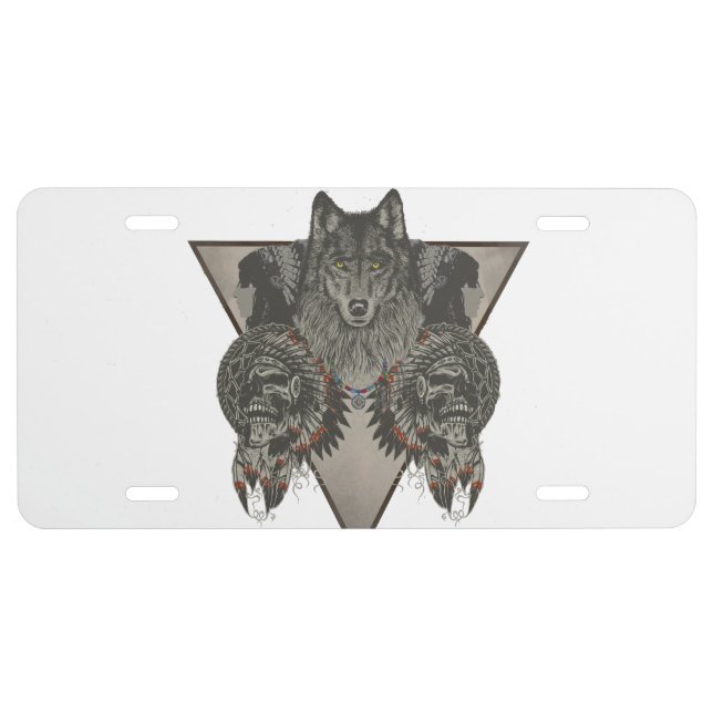 Fantasy Skull Wolf and Indian License Plate (Front)