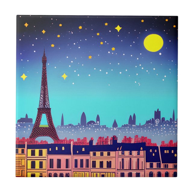 Fantasy Skyline of Paris Under the Stars Ceramic Tile (Front)