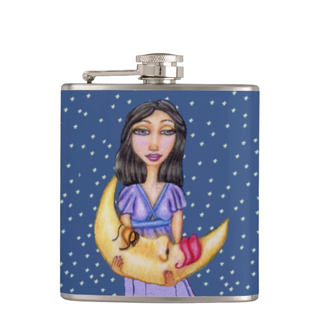 Fantasy Sleeping Crescent Moon Face Woman Flask (Front)