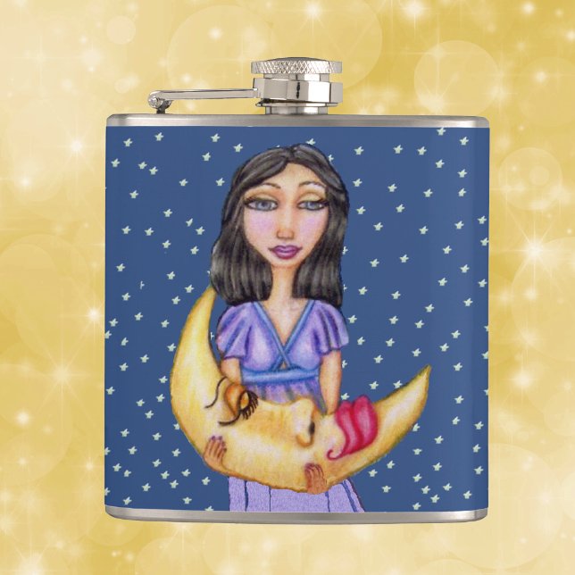 Fantasy Sleeping Crescent Moon Face Woman Flask (Lady in purple nightgown holding sleeping crescent moon with face stars on blue drinking flask.)