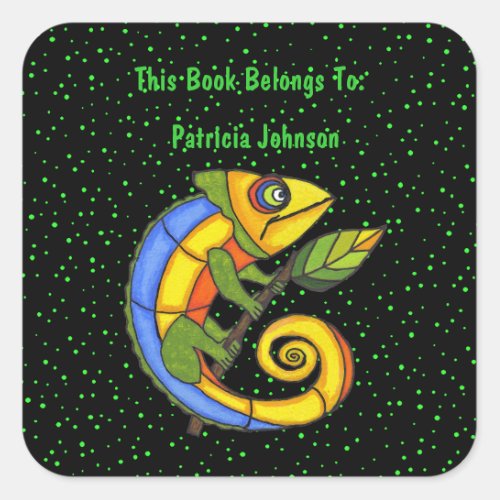 Fantasy Smiling Colorful Lizard Holding Leaf Dots  Square Sticker