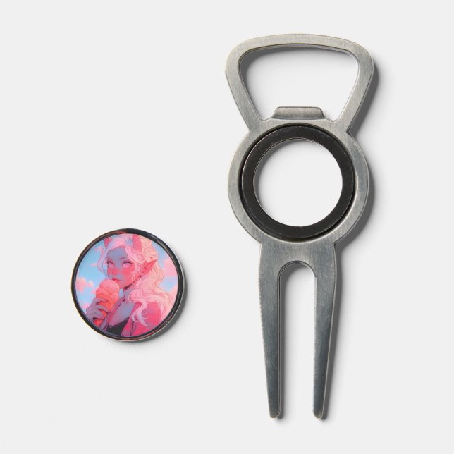 Fantasy Soft Pink Ice Cream Anime Girl Divot Tool (Front (Open))