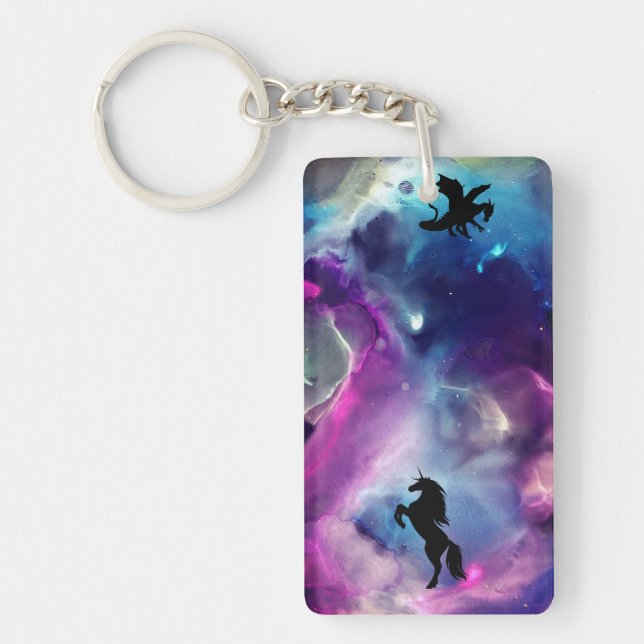 Fantasy Space Nebula Unicorn Dragon Pink blue  Keychain (Front)