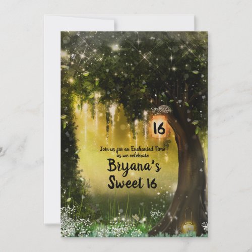 Fantasy Sparkle Enchanted Green Forest Sweet 16 Invitation