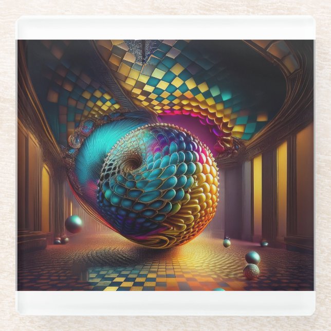 Fantasy Sphere in Checkerboard Hall Glass Coaster (Front)