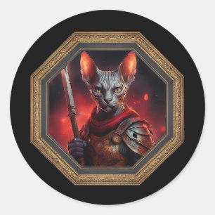 Fantasy Sphinx Cat Warrior In Frame Classic Round Sticker