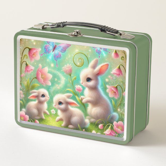 Fantasy Spring Bunny Garden Metal Lunch Box (Front)