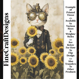 Fantasy Steampunk Cat, Sunflowers AL1F Decoupage Tissue Paper