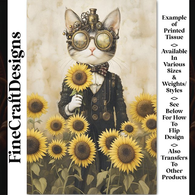 Fantasy Steampunk Cat, Sunflowers AL1F Decoupage Tissue Paper (Creator Uploaded)