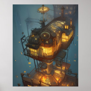 Fantasy Steampunk City Aerial View Poster