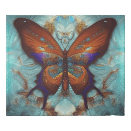 Fantasy Steampunk Orange Butterfly Aqua Watercolor Duvet Cover