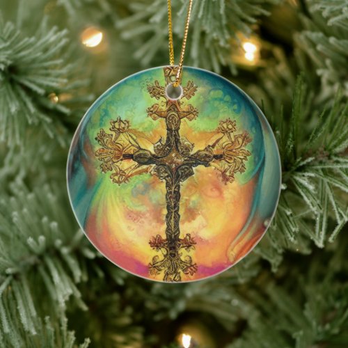 Fantasy Steampunk Ornate Cross In Aqua Ceramic Ornament