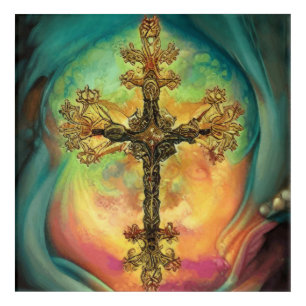 Fantasy Steampunk Ornate Cross In Aqua Watercolor Acrylic Print