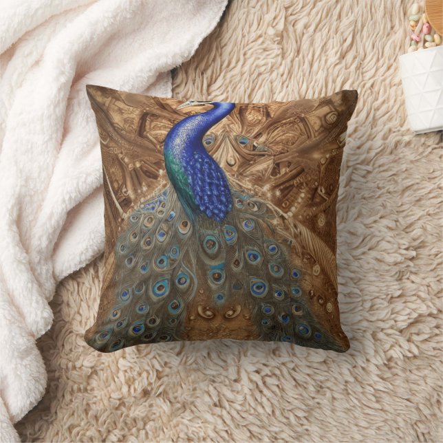 Fantasy Steampunk Peacock Blue In Watercolor Throw Pillow (Blanket)