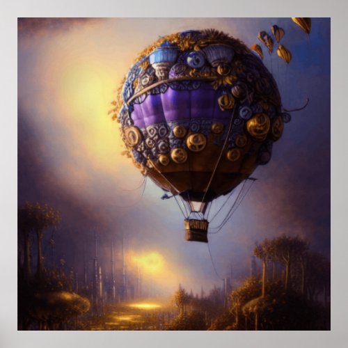 Fantasy Steampunk Purple Vintage Hot Air Balloon Poster