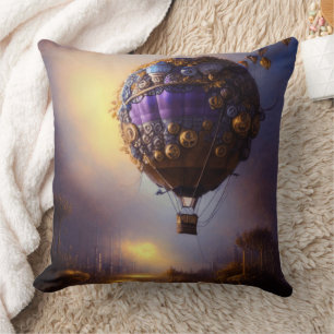 Fantasy Steampunk Purple Vintage Hot Air Balloon  Throw Pillow