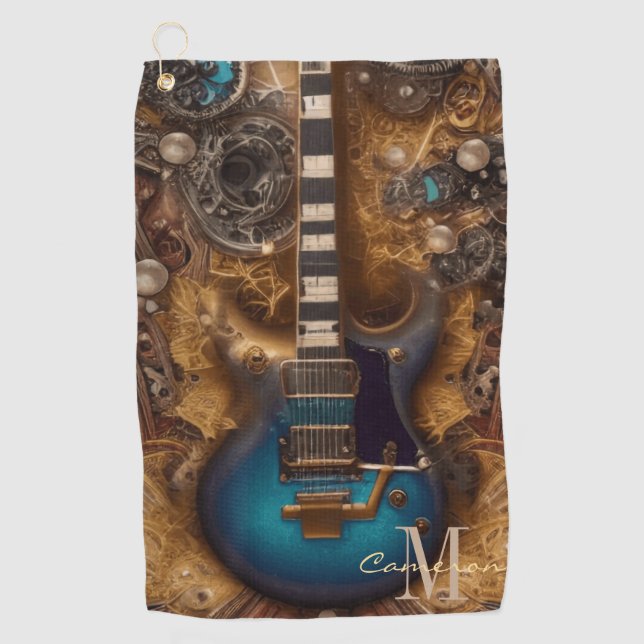 Fantasy Steampunk Vintage Blue Guitar Golf Towel (Front)