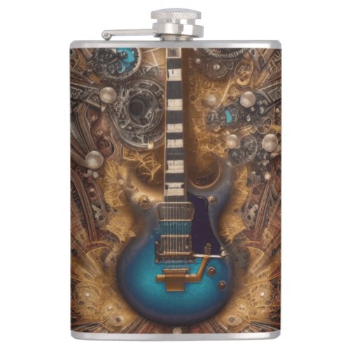 Fantasy Steampunk Vintage Blue Guitar Watercolor Flask